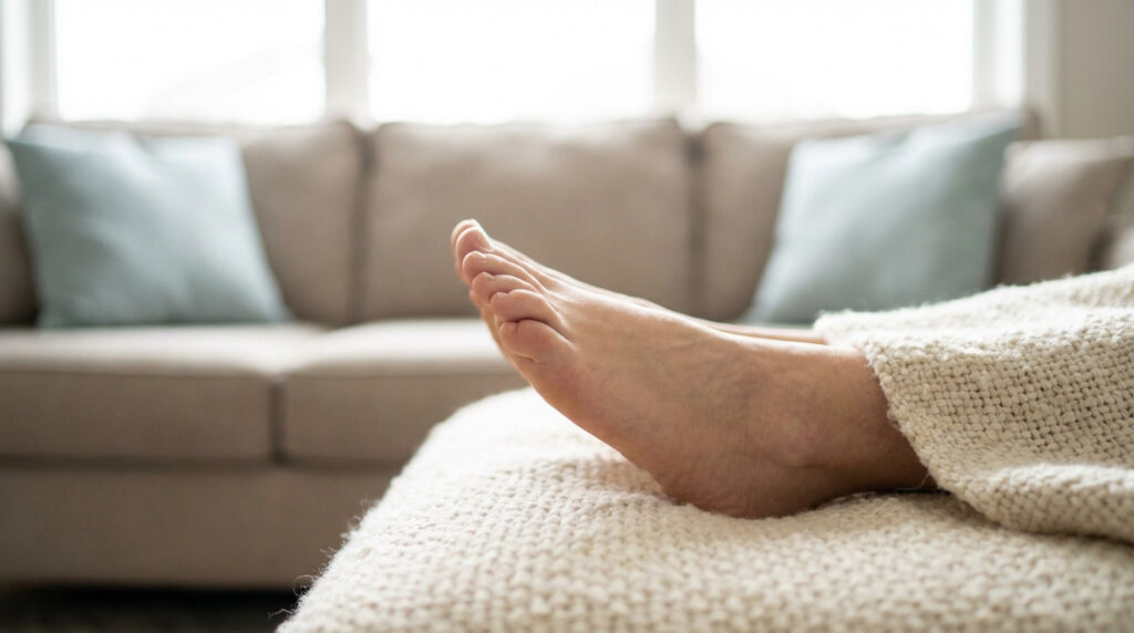 Close-up of a bare foot resting comfortably on a cream-colored knitted blanket in a softly lit room, with a blurred sofa and window in the background.
