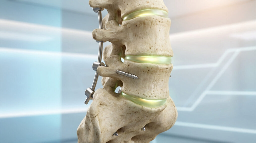 Photorealistic render of L4-L5-S1 lumbar spine with titanium stabilization hardware. Golden-green glow signifies healing. Modern medical background.