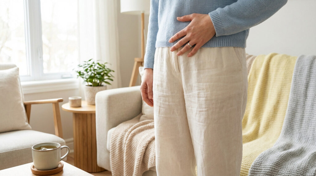 Torso of person in loose clothing, hand gently on abdomen, in a soft-lit, serene home with pastel tones. Conveys comfort or discomfort.