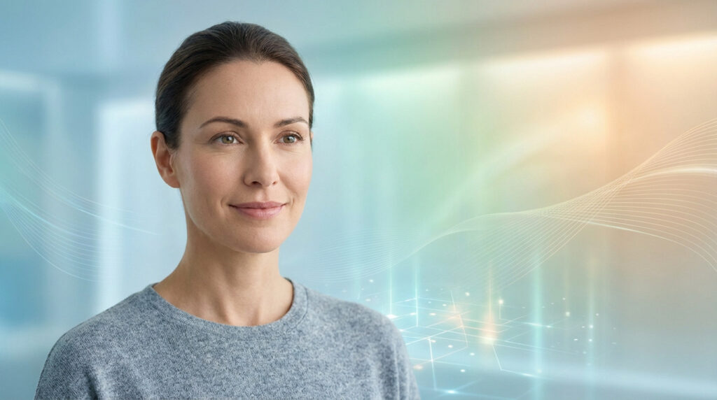 A serene woman with a gentle expression looks off-camera. The background features soft blue/green light, abstract glowing tech patterns.