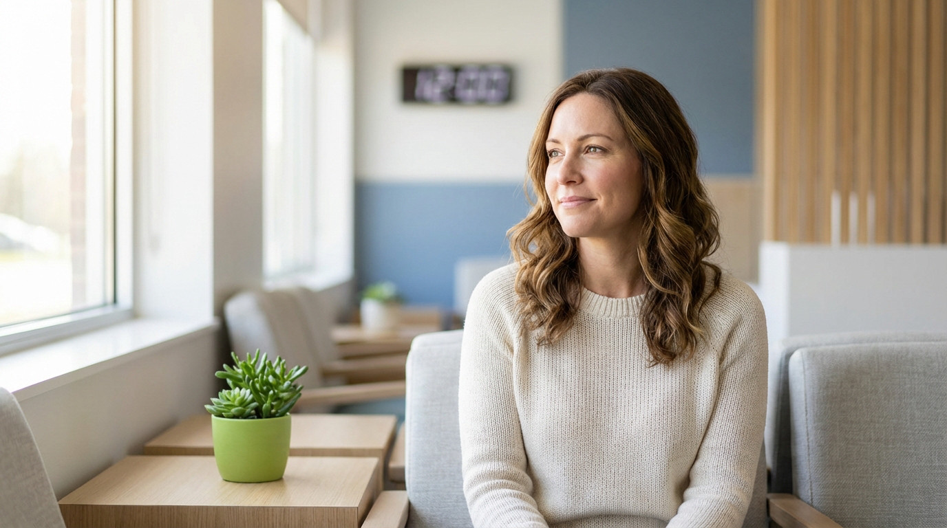 A woman in a light sweater sits calmly in a modern medical waiting room, looking thoughtfully towards a blurred clock, bathed in natural light.