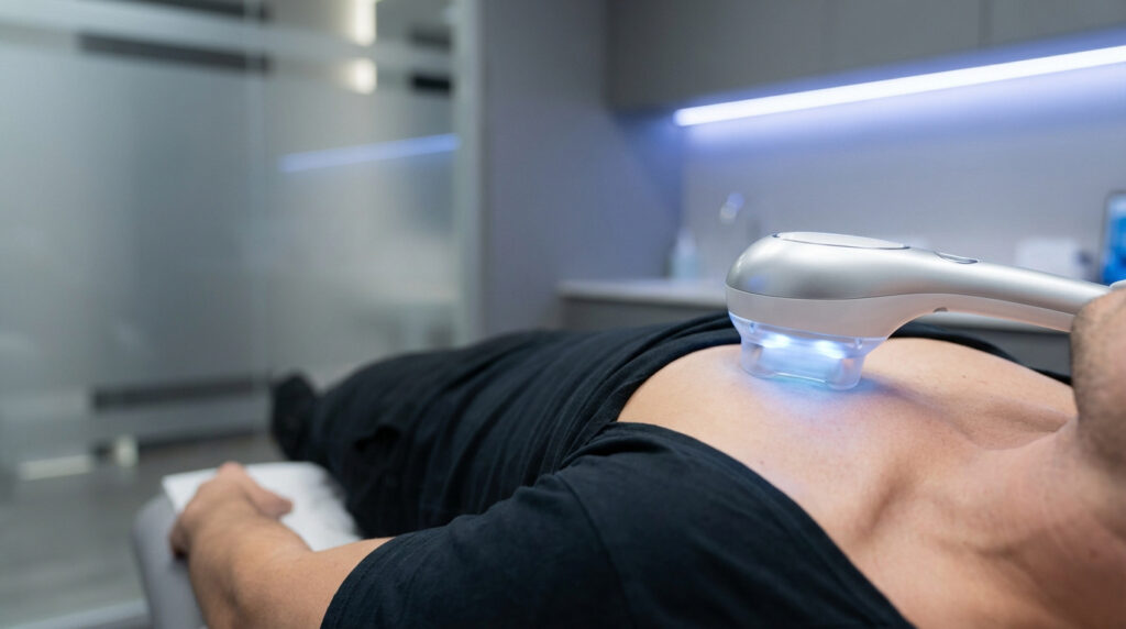 Un homme reçoit un traitement de cryolipolyse sur la poitrine, avec un appareil lumineux bleu dans un cadre clinique moderne.