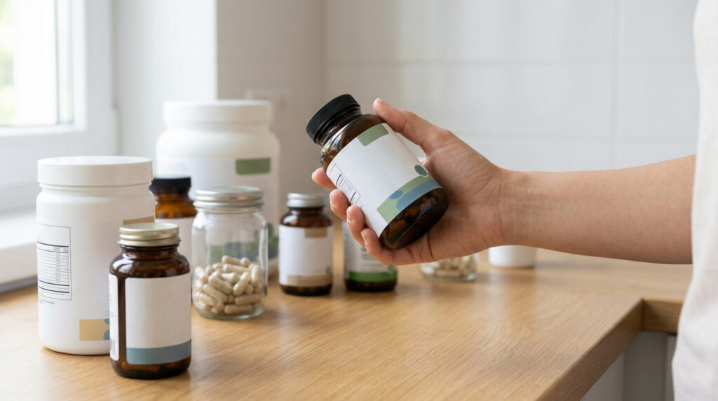 Une personne tient une bouteille de compléments alimentaires bruns. Plusieurs autres contenants de suppléments sont visibles sur un comptoir en bois clair.