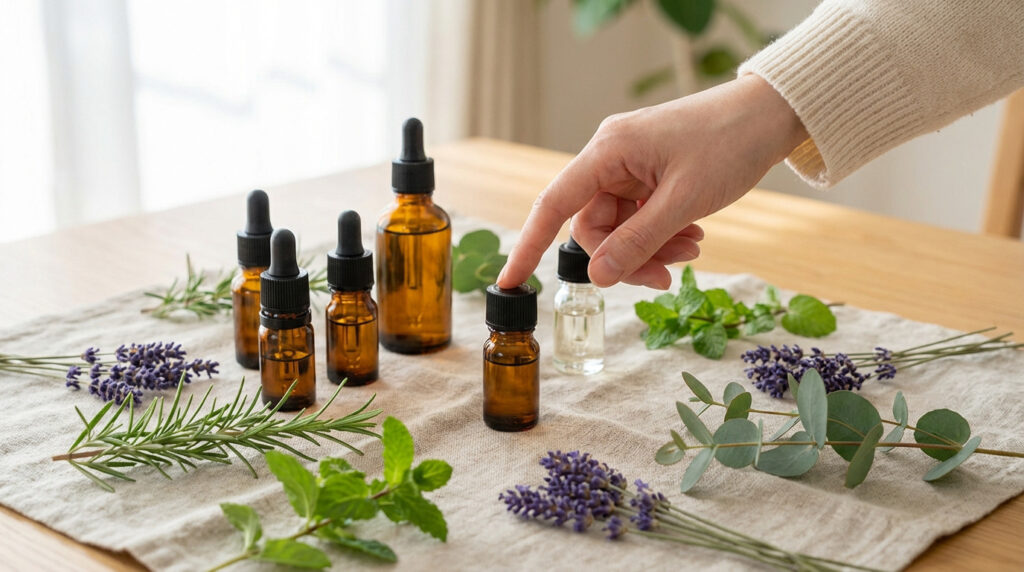 Main désignant une fiole d'huile essentielle entourée de flacons, lavande, romarin, menthe et eucalyptus sur une table en bois.