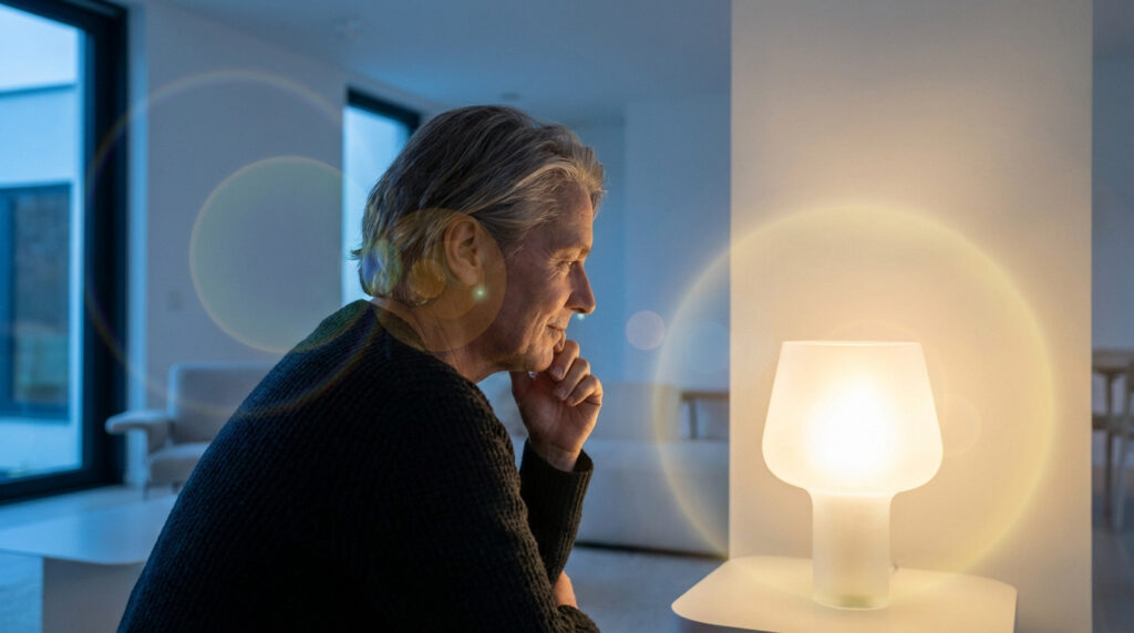Homme mûr regardant une lampe émettant des halos lumineux. Son visage est en profil, pensif. L'image évoque des troubles visuels.