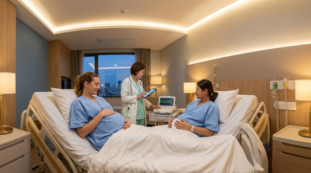 Dans une chambre d'hôpital moderne, une docteure examine deux femmes enceintes allongées dans leurs lits, utilisant une tablette et un moniteur.