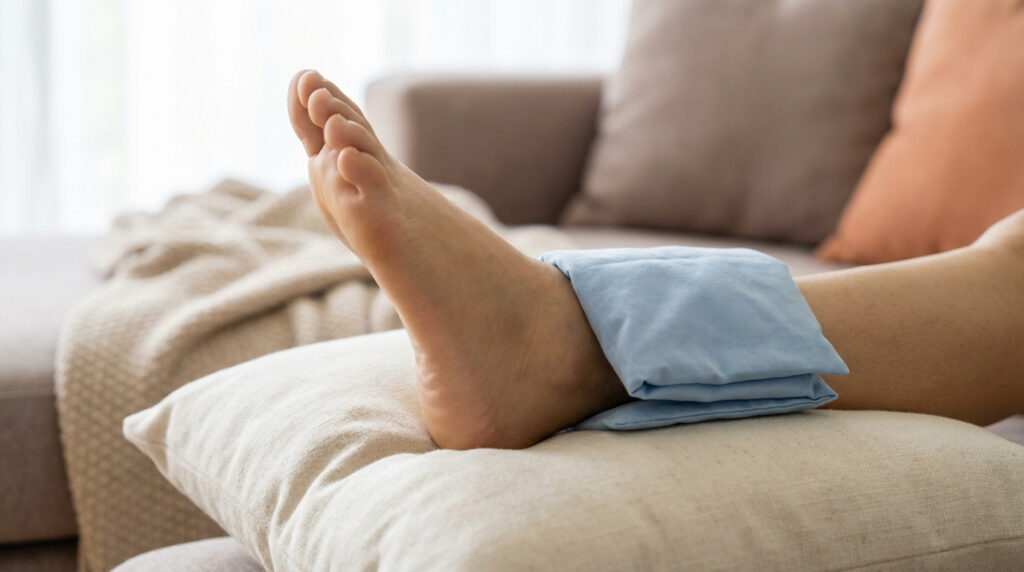 Gros plan sur un pied et une cheville surélevés avec une compresse froide bleue posée sur la cheville pour soulager l'œdème.
