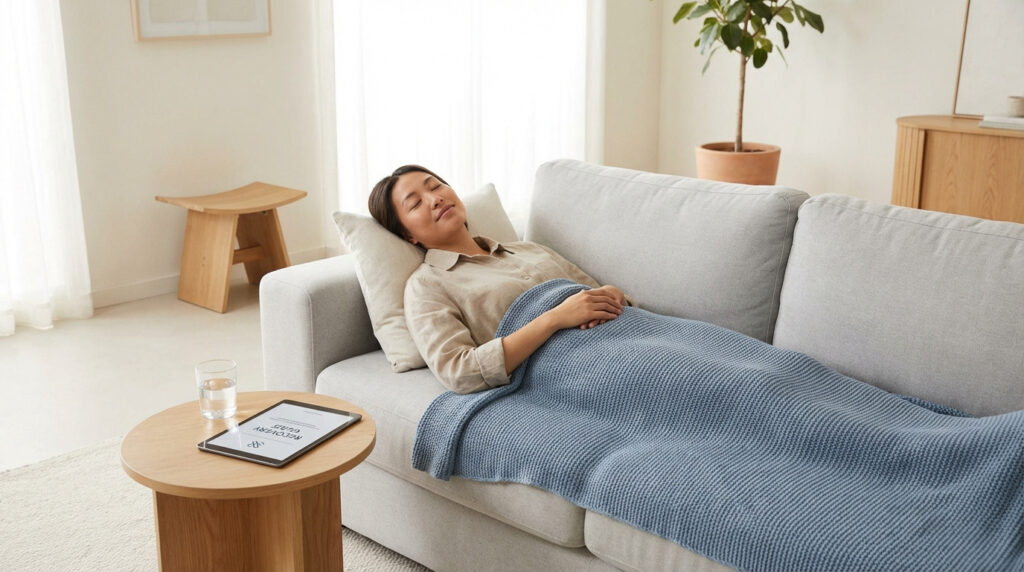 Une femme repose paisiblement sur un canapé gris, recouverte d'une couverture bleue. Une tablette avec un guide de récupération est sur la table basse.