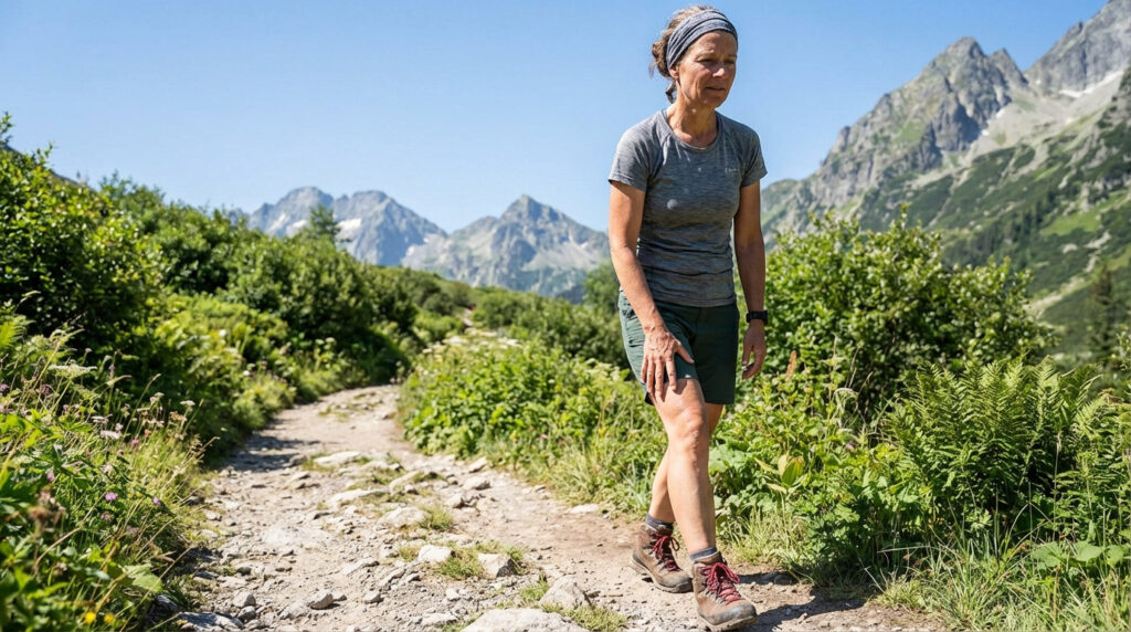 Femme randonnant sur sentier rocailleux en montagne, main sur le genou, avec de hauts sommets et un ciel bleu éclatant.