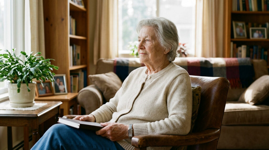 A serene elderly woman, 75-80, in a cozy living room, holding a book, wearing a health tracker, looking thoughtful.