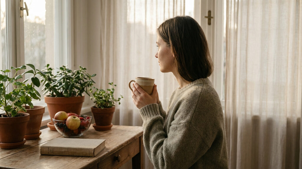 A woman in a cozy sweater holds a mug, gazing out a sunlit window with houseplants and fruit on a table.