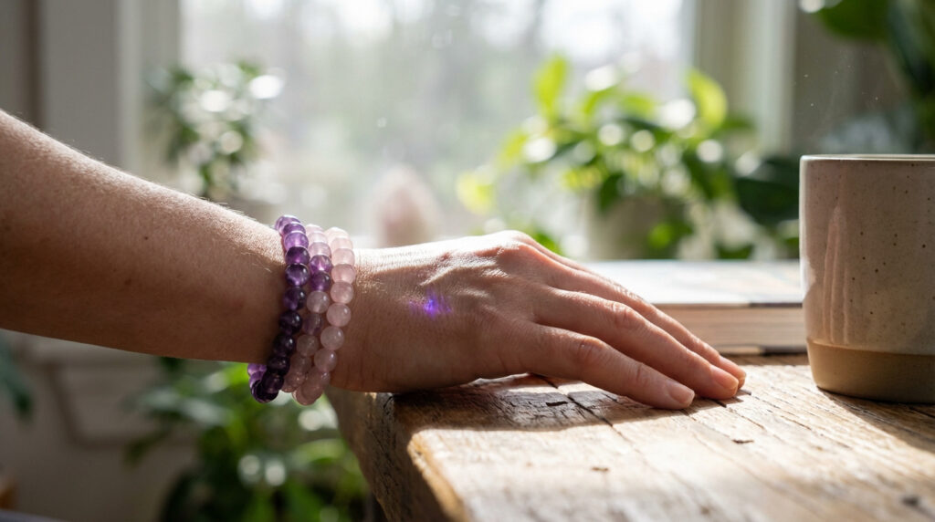 Main de femme portant des bracelets en améthyste et quartz rose sur une table en bois, avec une tasse et des plantes en arrière-plan.