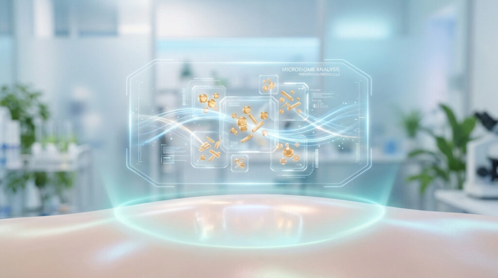 Conceptual image: Holographic display analyzes golden bacteria on healthy skin, symbolizing microbiome research and prevention in a bright lab.