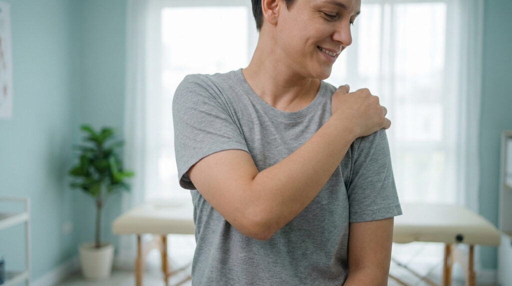 Une personne souriante et apaisée touche son épaule, dans une salle d'examen, suggérant un soulagement post-traitement.