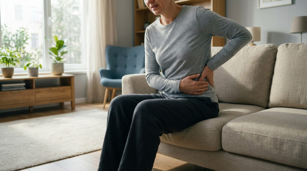 Generic figure in loungewear on a sofa, wincing with hand on lower back, in a softly lit, modern living room.