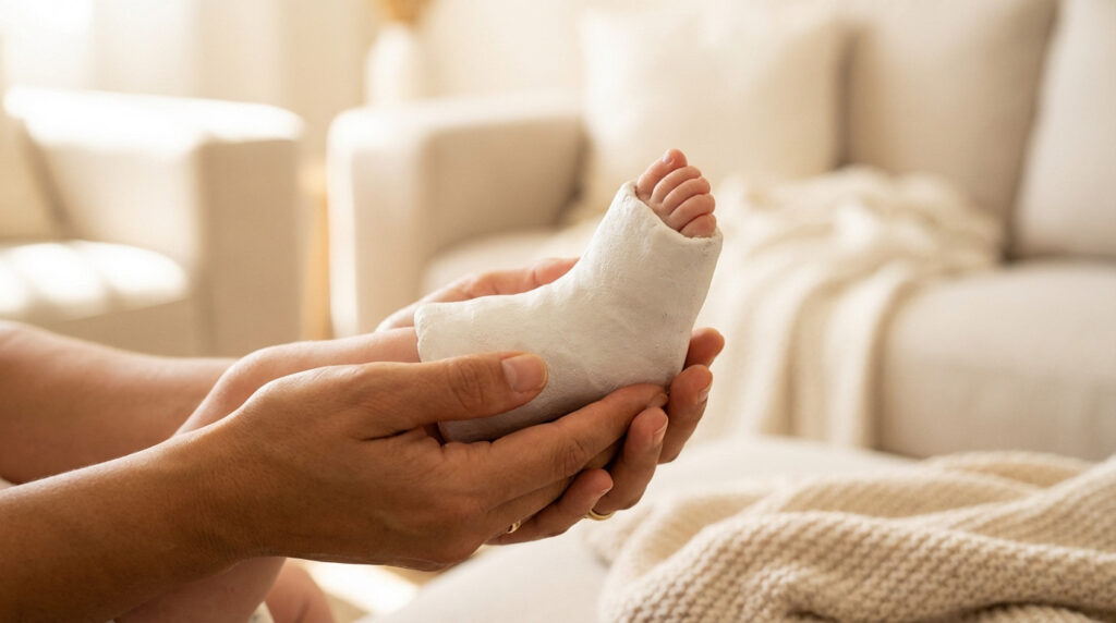 Close-up of a baby's foot in a white cast, gently held by adult hands. Blurred background of a warm, cozy room.