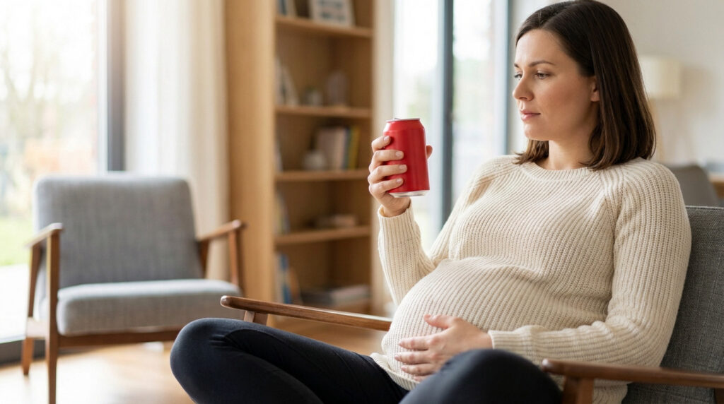 A pregnant woman sits in a bright living room, holding a red can and looking at it thoughtfully, her hand on her visibly pregnant belly.