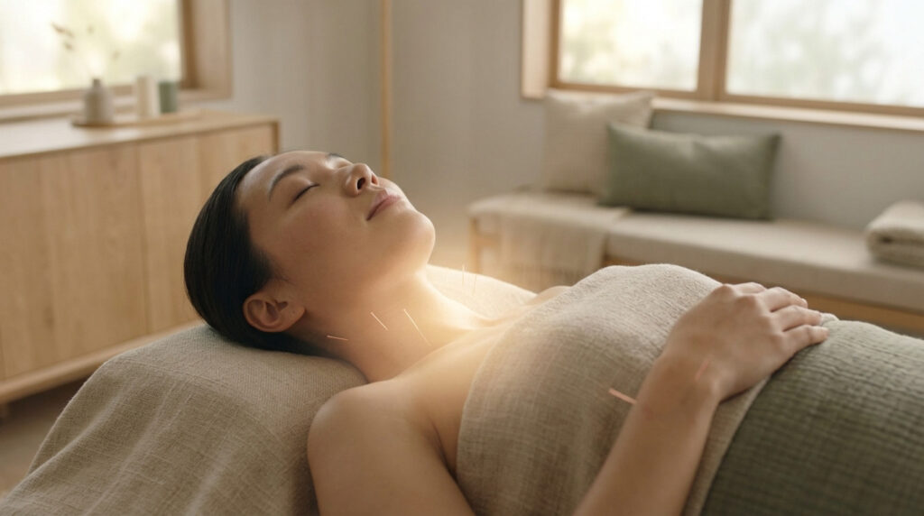 Femme allongée, yeux fermés, reçoit de l'acupuncture sur le cou et le poignet dans une pièce lumineuse et calme, avec un éclat doux.