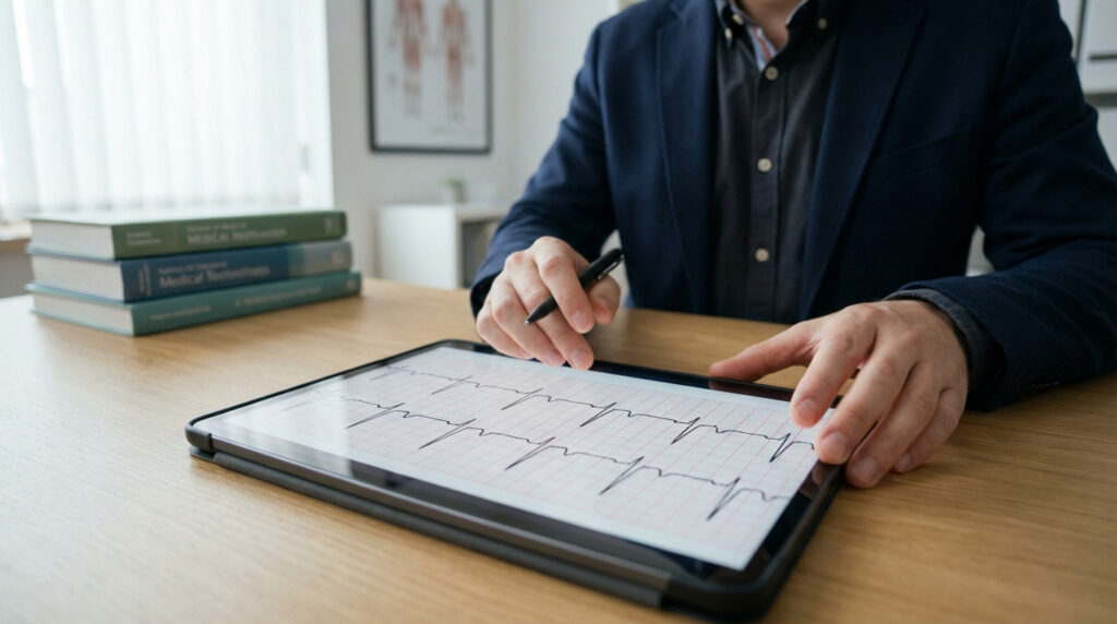 Homme analysant un ECG sur une tablette tactile avec un stylet, potentiellement pour calculer la fréquence cardiaque. Livres médicaux.