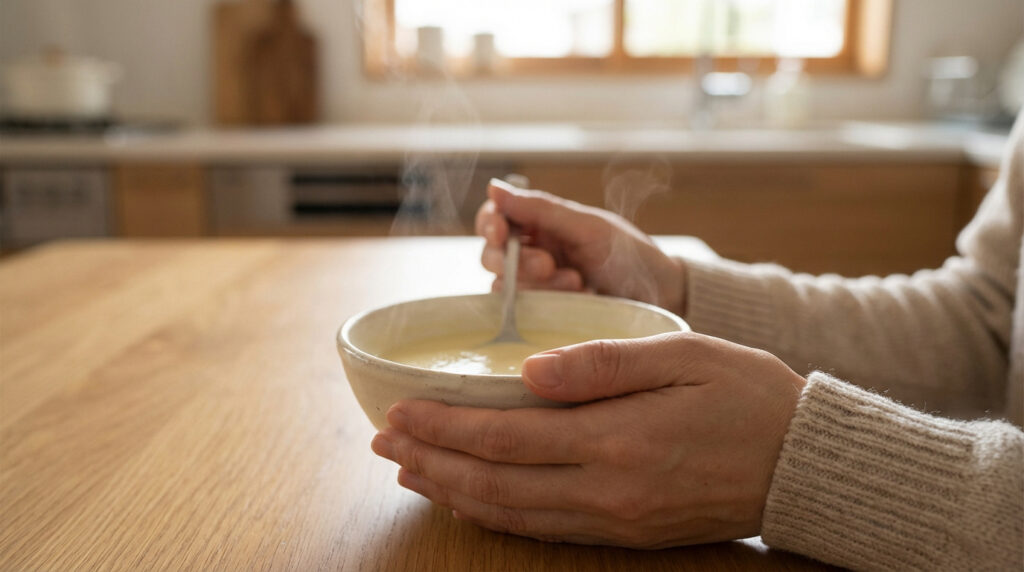 Mains tenant un bol de soupe fumante sur une table en bois dans une cuisine lumineuse, évoquant un repas réconfortant post-extraction.