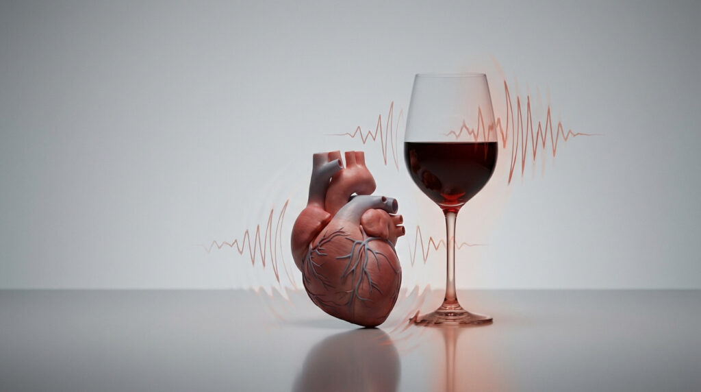 Illustration d'un cœur humain à côté d'un verre de vin rouge, avec des ondes suggérant l'effet de l'alcool sur la tension artérielle.