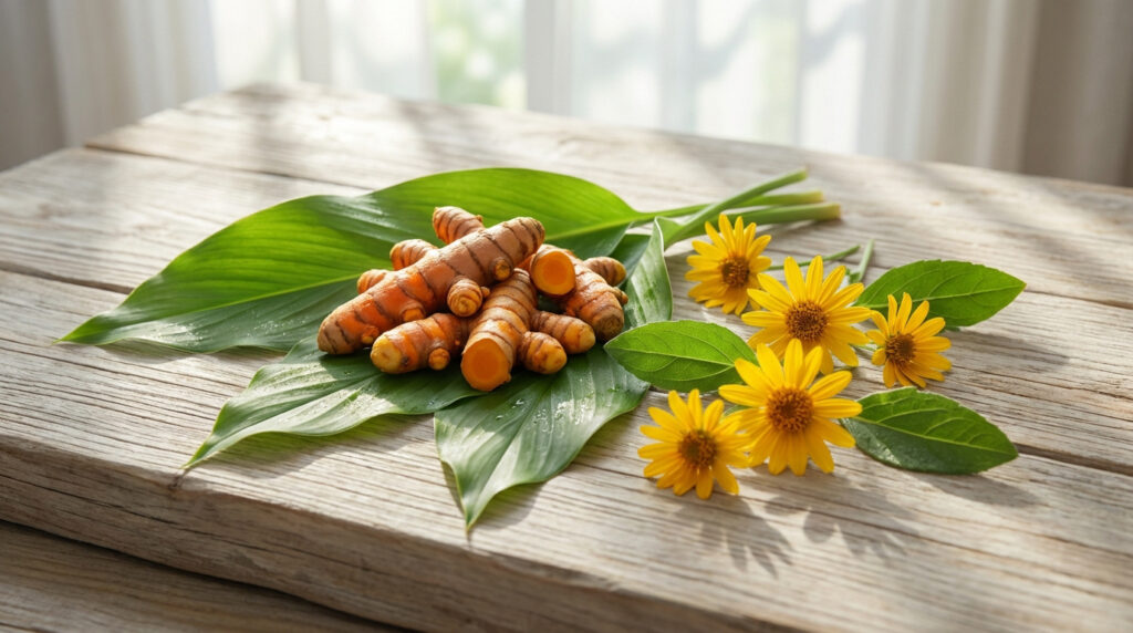 Racines de curcuma orange sur feuilles vertes, à côté de fleurs jaunes d'Arnica sur une table en bois clair.