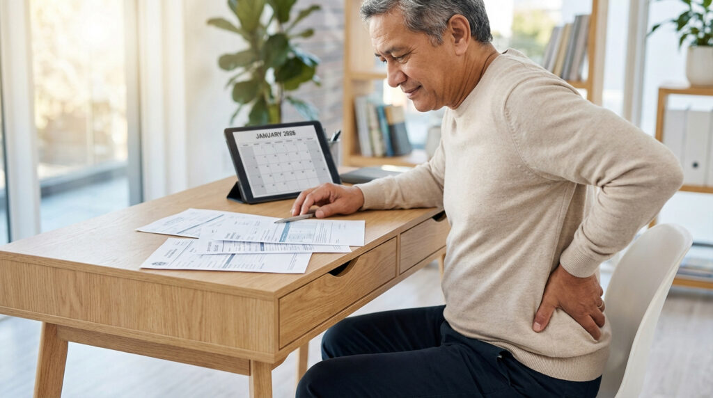 Homme d'âge mûr avec mal de dos au bureau, consultant des documents et un calendrier 2026 sur tablette.