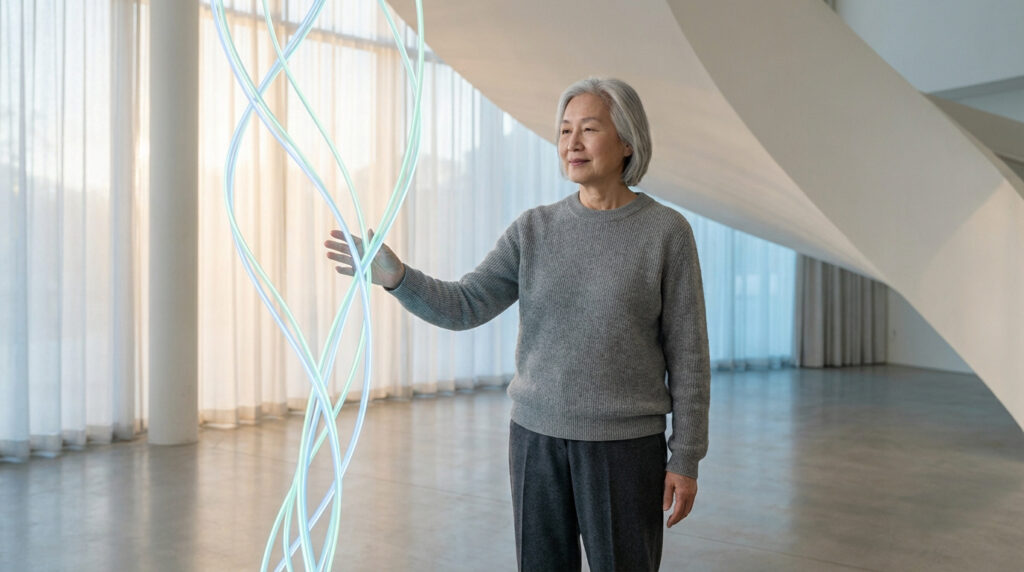 Une femme âgée souriante touche des formes lumineuses entrelacées, évoquant la recherche et le nouveau traitement Parkinson dans un décor moderne.