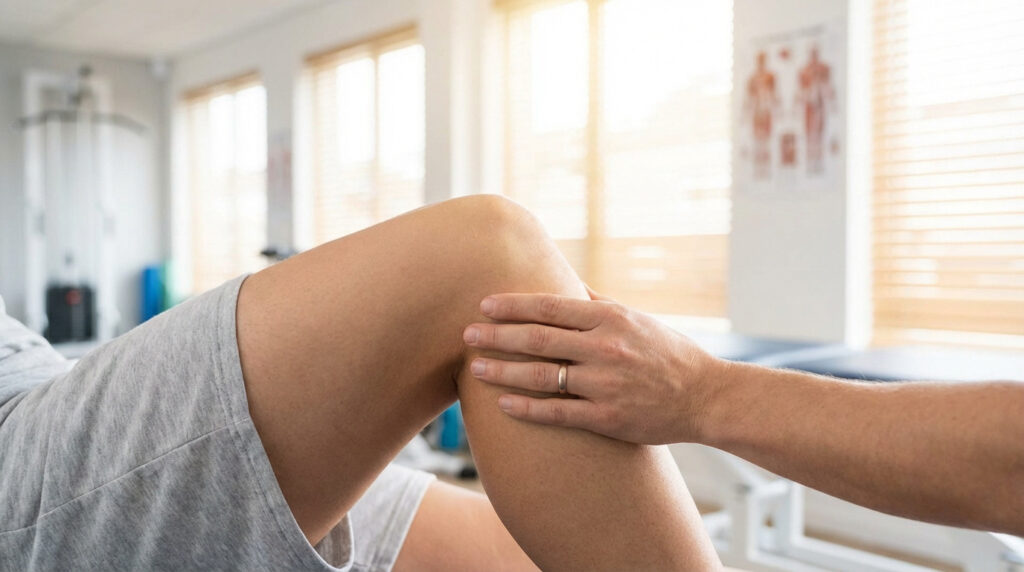 Un professionnel de la santé examine le genou d'un patient allongé, dans une pièce lumineuse avec du matériel médical.
