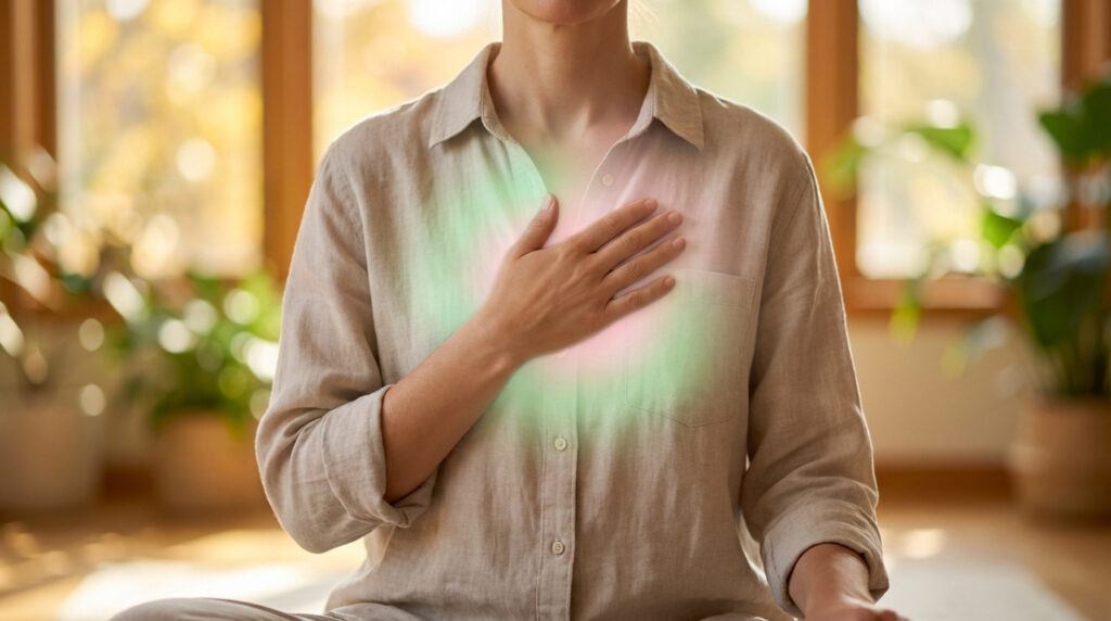 Une personne en méditation avec une main sur la poitrine, un halo lumineux vert-rose symbolisant le chakra du cœur.