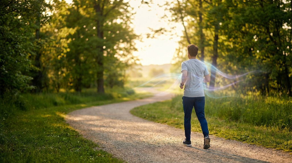 Homme marchant sur un sentier ensoleillé, avec des lignes lumineuses symbolisant la neuromodulation pour le soulagement de la douleur.