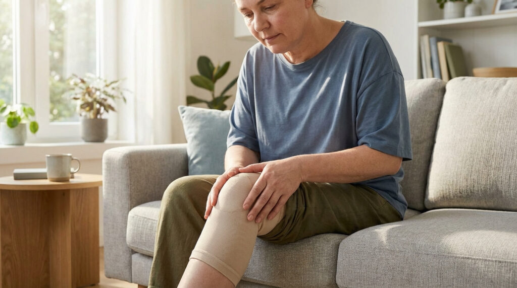 Femme assise sur un canapé, tenant son genou gauche avec une genouillère, l'air préoccupé par un inconfort.