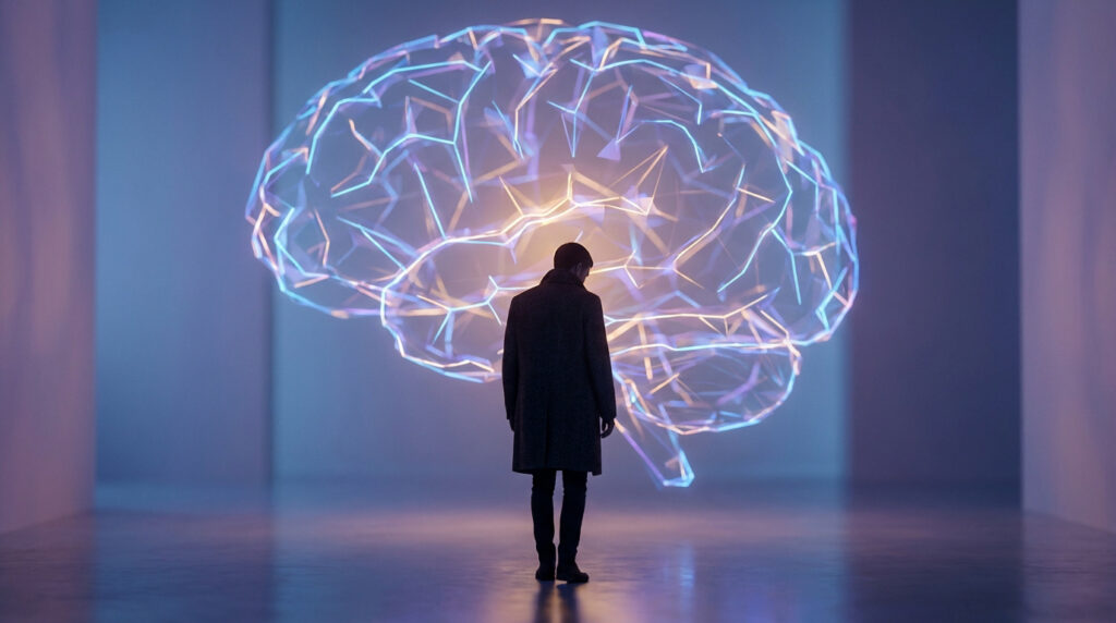 Un individu debout de dos, devant une projection lumineuse et géométrique d'un cerveau. L'image évoque la réflexion profonde ou l'obsession.