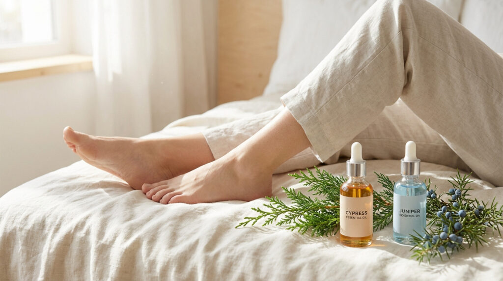 Personne relaxée sur un lit, pieds nus. Près d'elle, huiles essentielles de cyprès et genévrier, accompagnées de leurs branches.