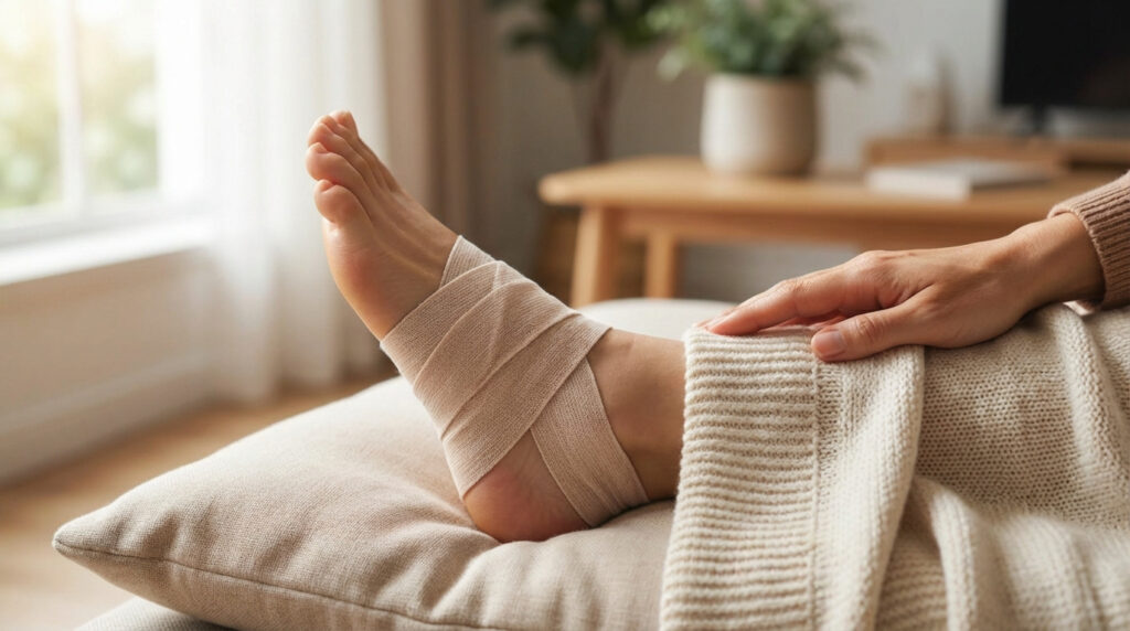 Gros plan sur un pied bandé reposant sur un coussin, une main posée sur une couverture, dans un environnement lumineux.