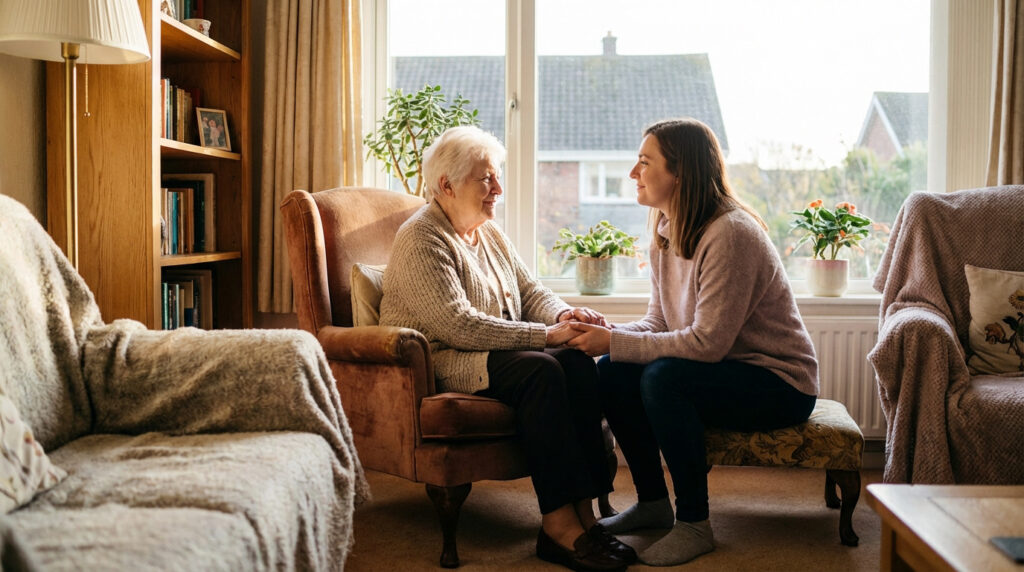 Une jeune femme réconforte une femme âgée dans un salon ensoleillé, tenant ses mains avec affection. Scène de soutien et de bienveillance.