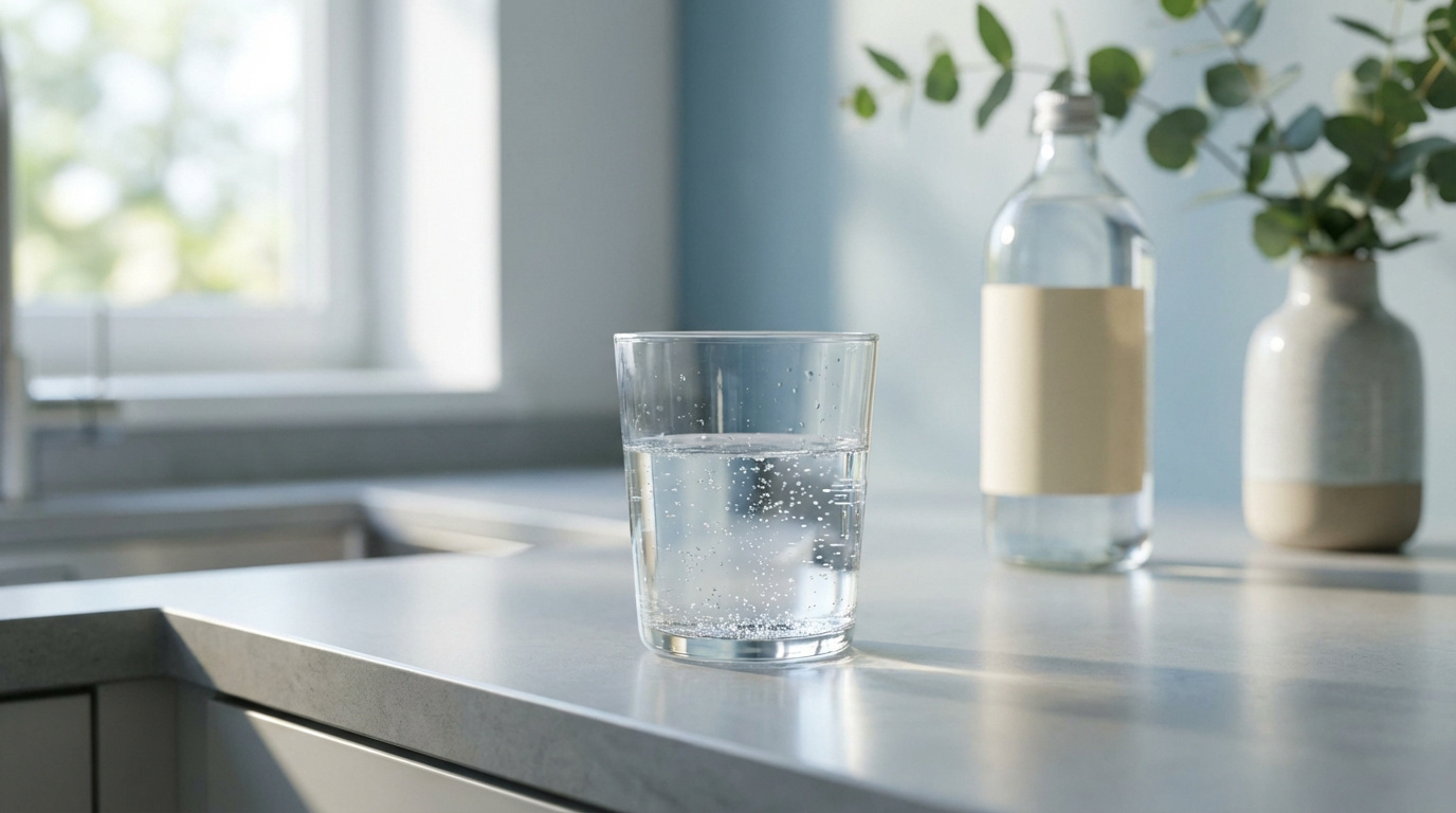 Verre d'eau fraîche sur un comptoir de cuisine lumineux. Bouteille d'eau et plantes vertes en arrière-plan, près d'une fenêtre.