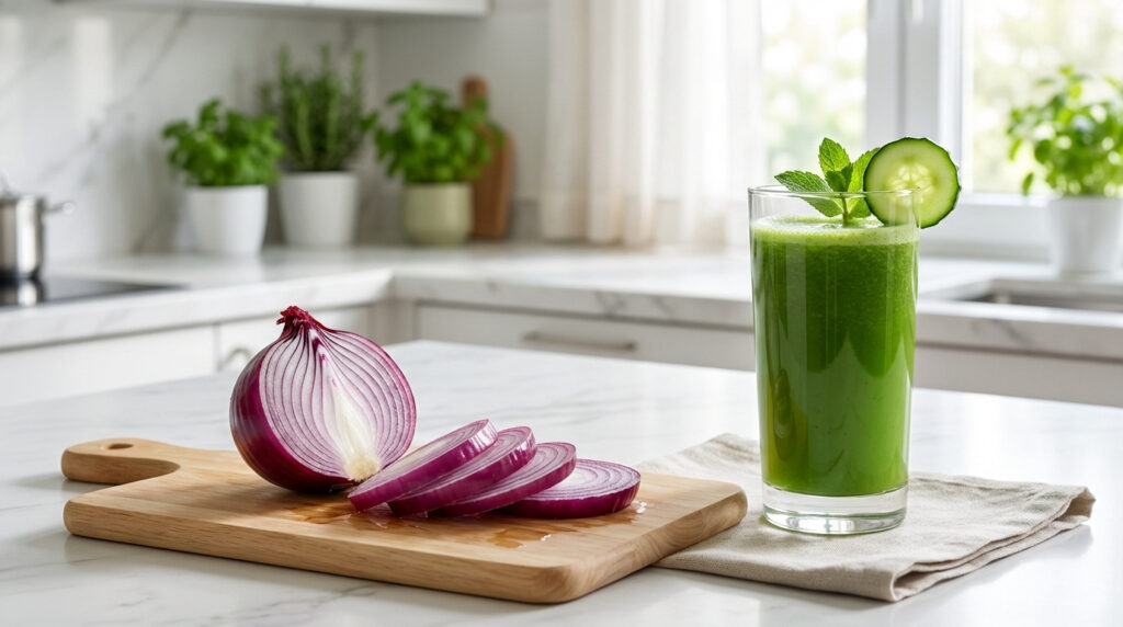 Une moitié d'oignon rouge et des rondelles sur une planche en bois, à côté d'un verre de smoothie vert frais dans une cuisine lumineuse.