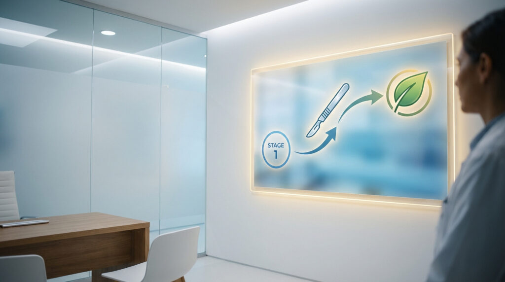 Professionnelle de santé devant un écran illustrant le traitement du cancer du côlon stade 1 : chirurgie menant à la guérison.