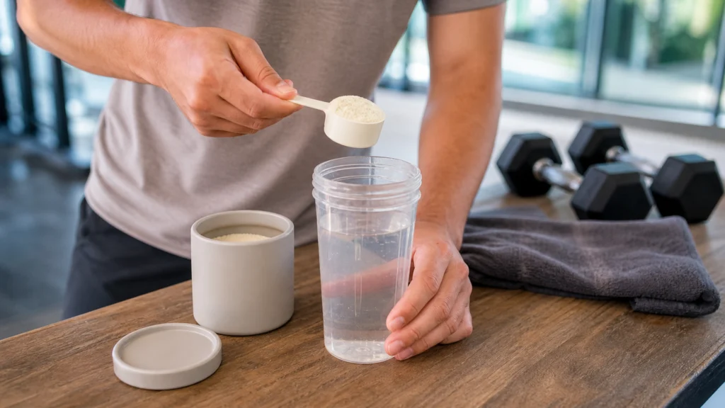 Sportif préparant un shaker de pre-workout avant l’entraînement