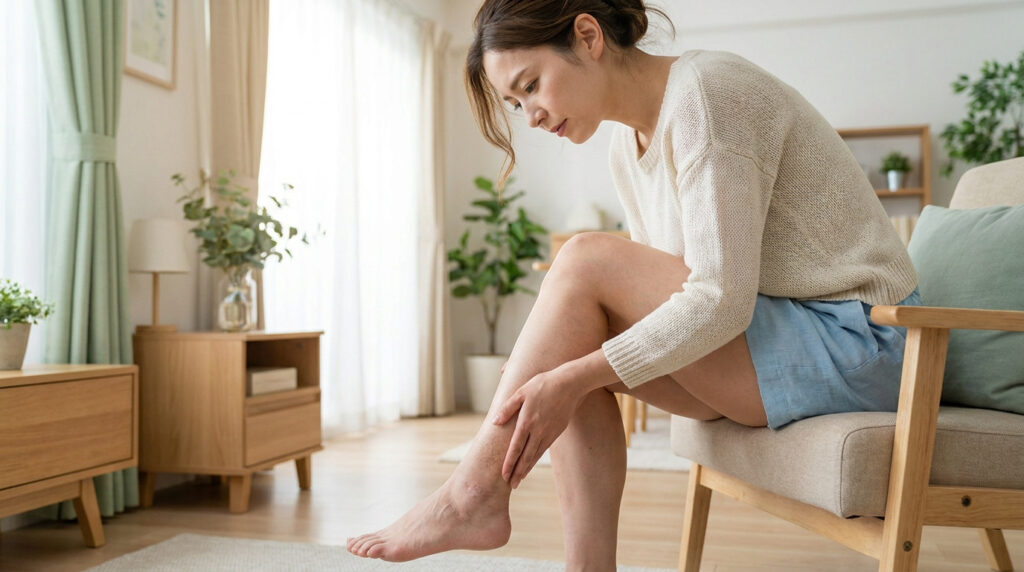 Une femme assise examine attentivement sa jambe gauche, présentant des veines visibles, en lien avec le lipœdème.