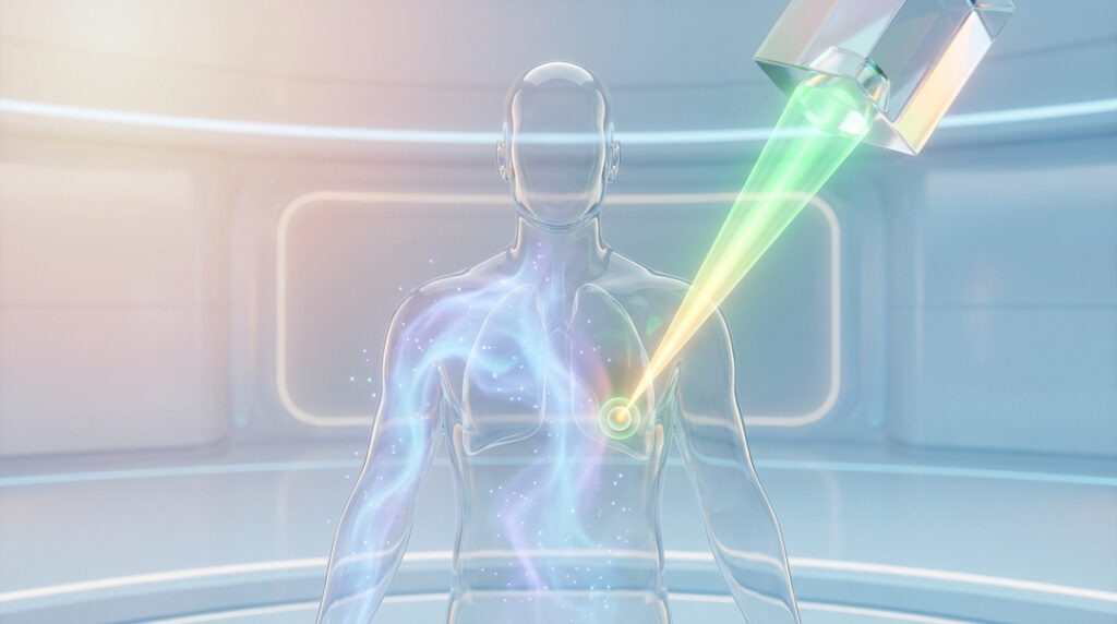 Illustration 3D d'un torse humain transparent recevant un faisceau de radiothérapie vert-jaune ciblant une zone dans la poitrine.