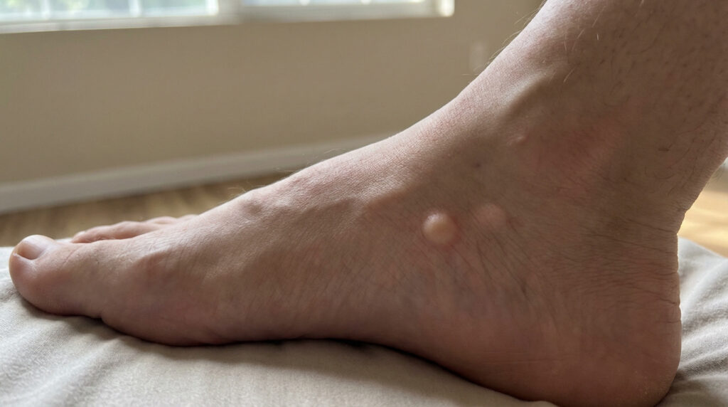 Vue latérale d'un pied humain avec une grosse ampoule ou un kyste translucide près de la cheville et de plus petites bosses.