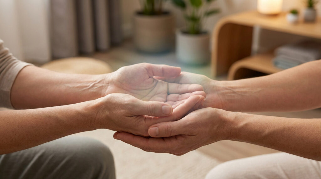 Gros plan sur deux paires de mains ouvertes, l'une au-dessus de l'autre, se faisant face. Une douce lumière les entoure, évoquant soin et bien-être.