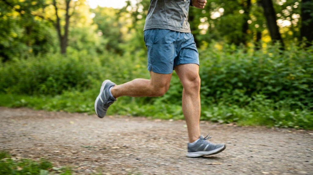 Jambes d'un coureur en mouvement sur un chemin de terre en forêt. Il porte short bleu et baskets grises, en pleine foulée.