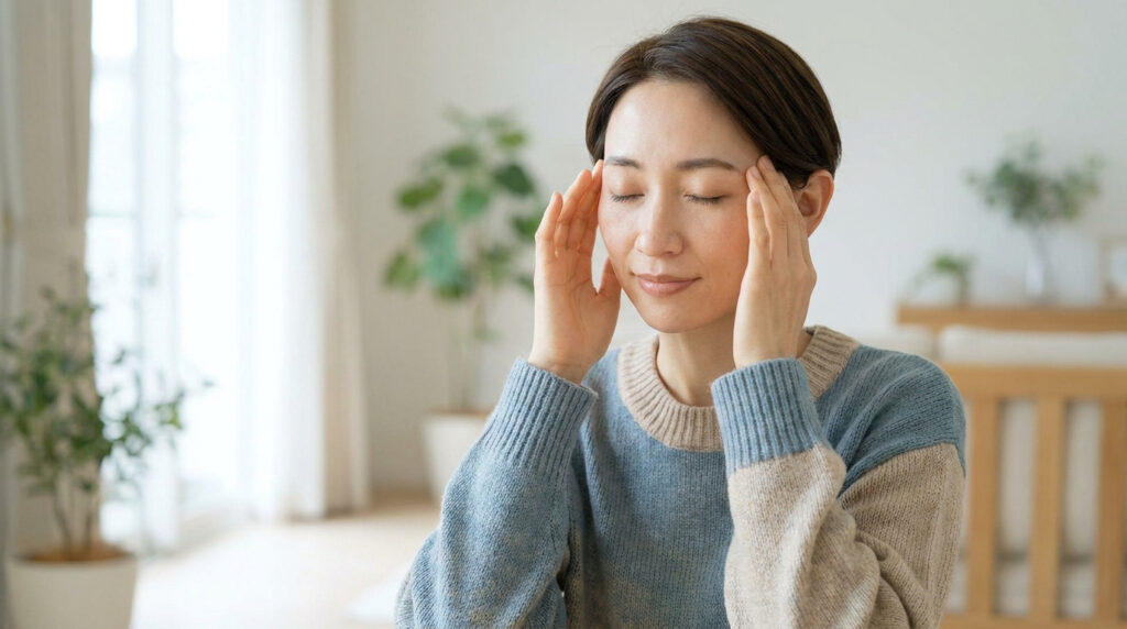 Femme aux yeux fermés, mains sur les tempes, pratiquant un exercice de relaxation oculaire dans un intérieur lumineux.