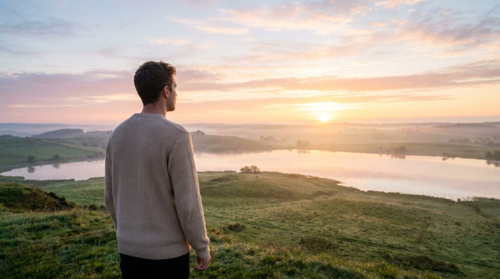 Homme de dos contemplant un lever de soleil sur un lac et des collines verdoyantes. Ciel rose-orangé et ambiance paisible.