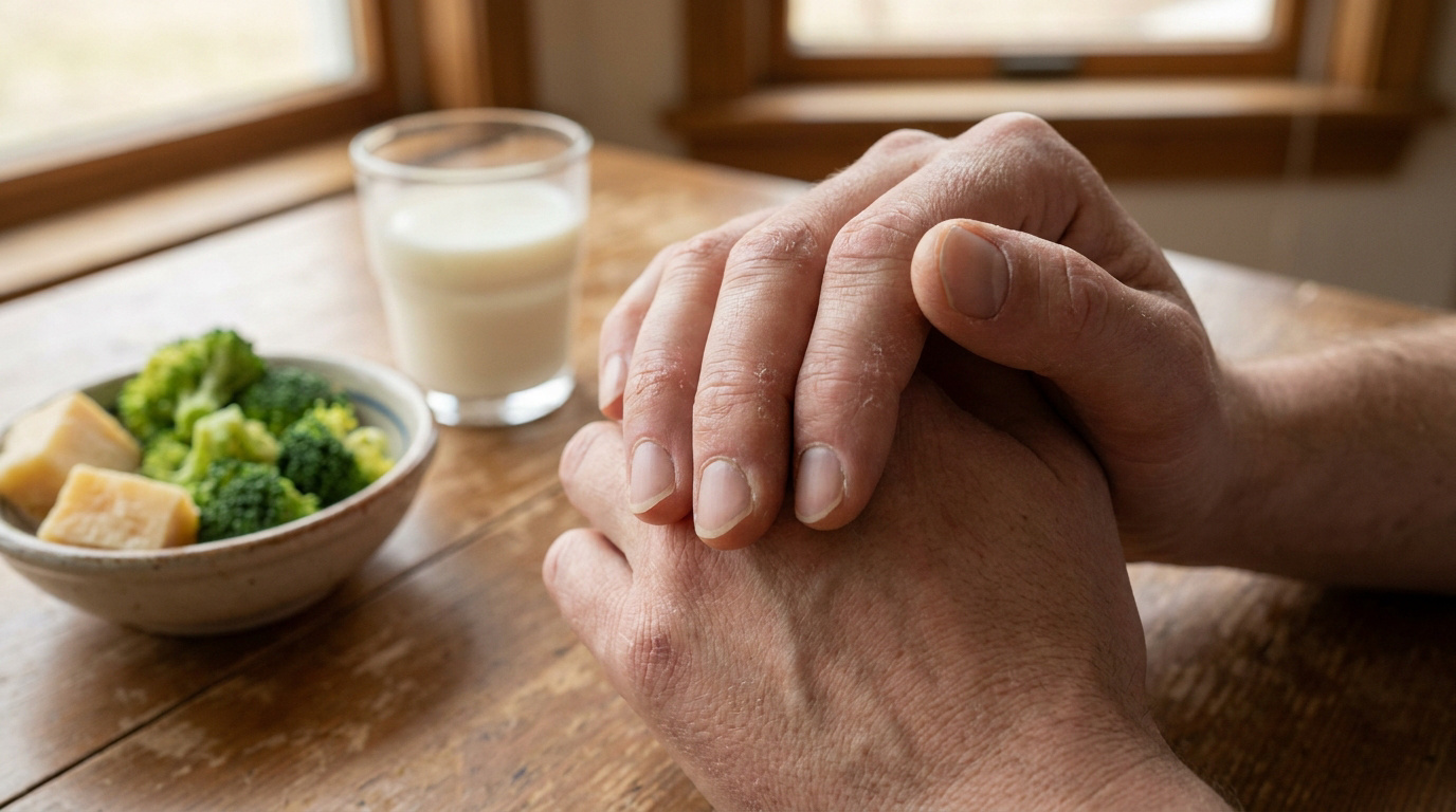 Mains sèches et craquelées, signe potentiel de carence en calcium, devant un bol de brocoli, fromage et un verre de lait.