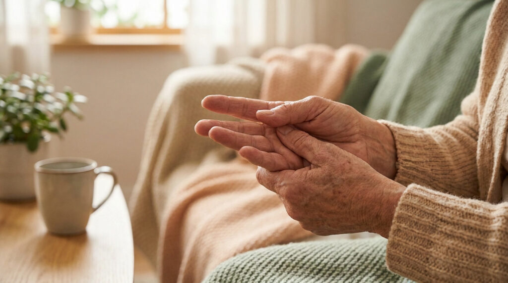 Gros plan sur les mains ridées d'une personne âgée, l'une massant doucement l'autre sur un canapé, évoquant le soulagement de l'arthrose.