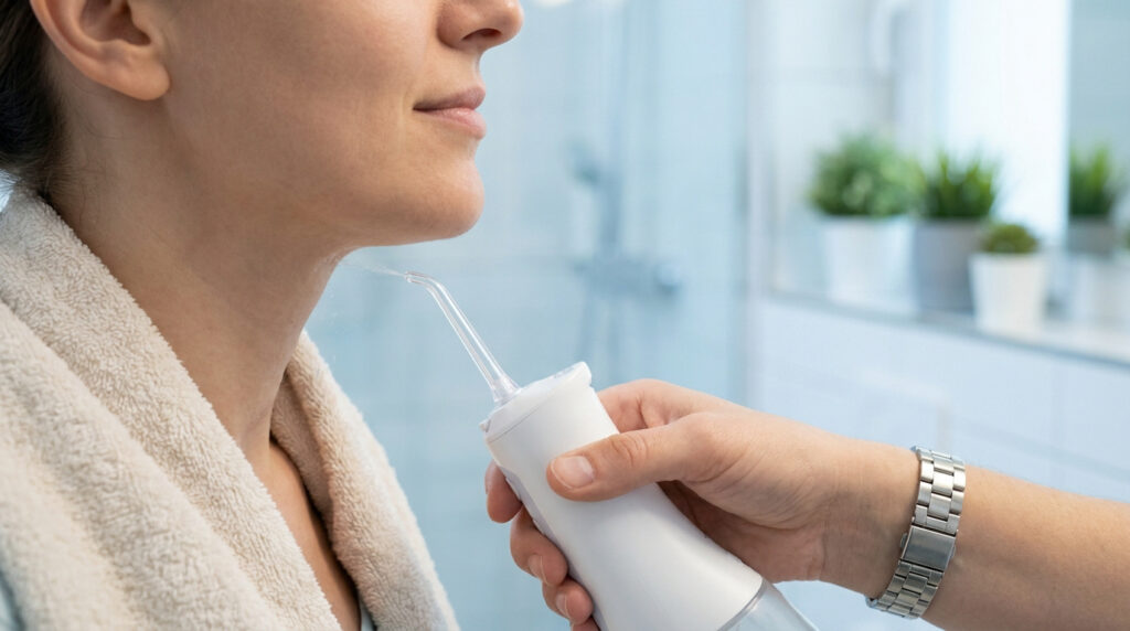 Femme utilisant un hydropulseur dentaire pour l'hygiène buccale. Un jet d'eau est visible. Utile après une extraction dentaire.